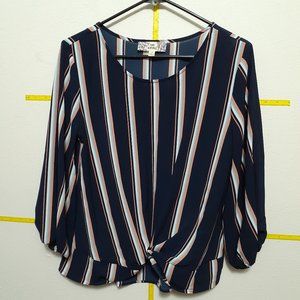 Pink Republic Ribbed Textured Tie Front Long Sleeve Top Size S Blue peach Stripe